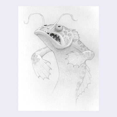 Graphite sketch of a catfish with slightly human facial expression and body shape.