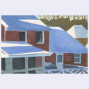 A stylized painting of a house with a blue roof and reddish-brown walls, shown against a pale gray background. The artwork includes dark tree silhouettes and additional house forms in the background.