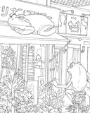 Pencil illustration, detail shot of a frog positioned on top of an awning over a storefront with lots of plants in front of it.