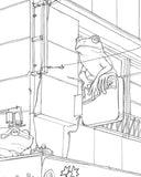 Pencil illustration, a detail shot of a frog positioned on the side of a building sign.