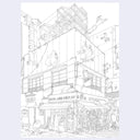 Pencil illustration of a tall Japanese building with any frogs positioned on the side and under the building, jumping off the roof and crawling over the windows.