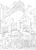 Pencil illustration of a tall Japanese building with any frogs positioned on the side and under the building, jumping off the roof and crawling over the windows.