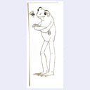 Illustration of a tall standing frog, smiling, with a small bug flying nearby