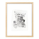 Framed illustration of a character dressed in traditional Japanese attire standing at the base of a row of Torii gates,with mossy rock steps.