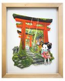 Illustration of a cartoon character in traditional Japanese attire but modern sneakers, standing at the base of a row of red Torii gates with moss covered rocky steps.