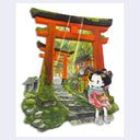 Illustration of a cartoon character in traditional Japanese attire but modern sneakers, standing at the base of a row of red Torii gates with moss covered rocky steps.