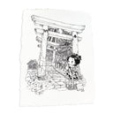 Illustration of a character dressed in traditional Japanese attire standing at the base of a row of Torii gates,with mossy rock steps.