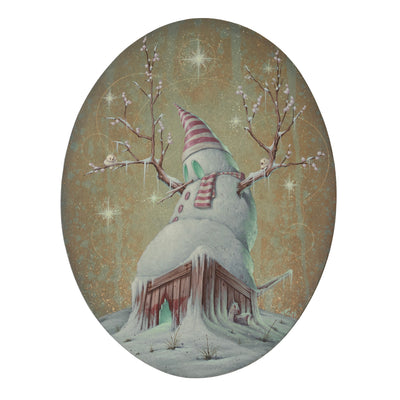 Painting on oval shaped panel of a snowman with a pink striped cone shaped hat and matching scarf. It sits atop a wooden box with snow around.
