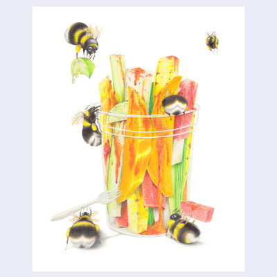 Illustration of a clear cup holding various cut fruit, such as mango, pineapple, watermelon, cucumber and jicama with chamoy sauce atop. Fluffy bumble bees fly around the scene, interacting with fruits.