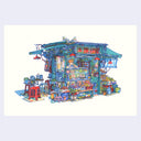 Illustration of a person sitting at a fruit stand, with many many items in and around the space for sale.
