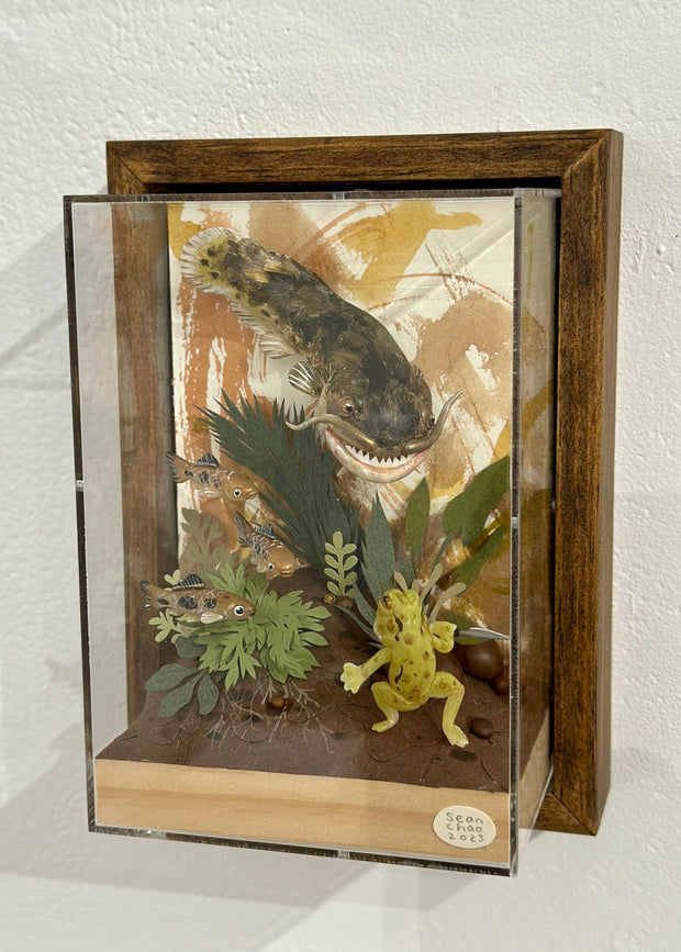 Mixed media diorama style sculpture of a very large, scary fish facing off with a small green frog holding a knife. Green cut paper leaves frame the scene, with small fish swimming nearby.