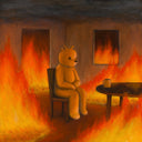 A stylized painting of a small bear-like figure sitting on a chair in a burning room, with orange and yellow flames filling the space and a small table with a mug nearby.
