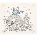 Ink illustration of a blue small, cute monster riding a large fish.