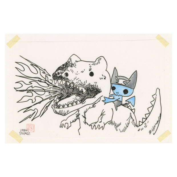 Ink illustration of a small, cute blue monster riding on the back of a godzilla.