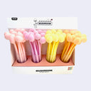 Set of mushroom-shaped pens in pink, yellow, and orange in a box with 'SO FUN' branding.