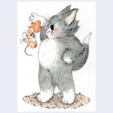 Cat drawing facing left holding cheese with a mouse hanging off of it.