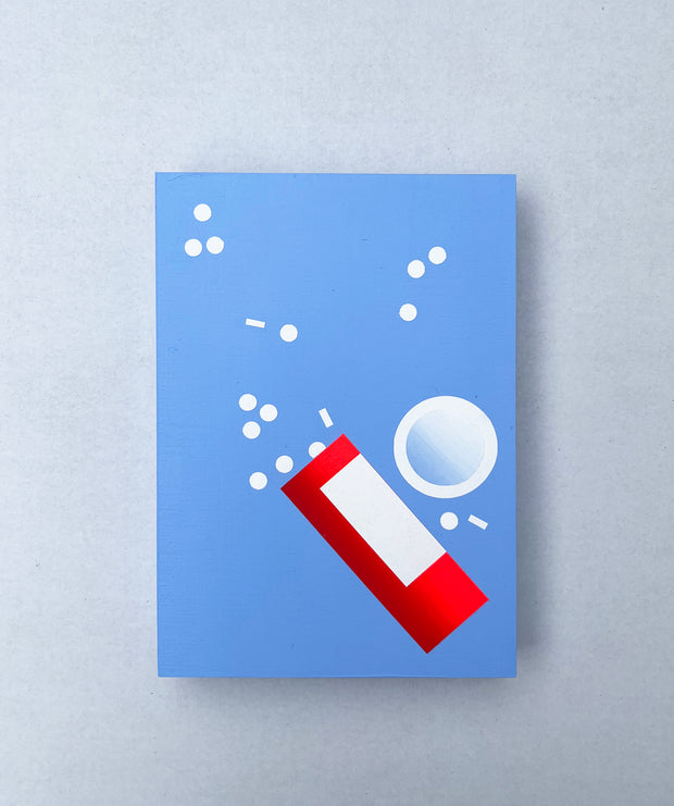 Painting of a pill bottle, with the cap off and many pills floating out of it.