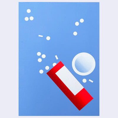 Painting of a pill bottle, with the cap off and many pills floating out of it.