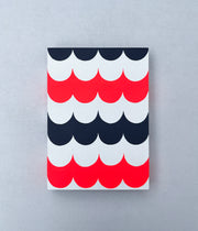 Painting of several layers of scalloping pattern in navy blue, white and red.