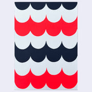 Painting of several layers of scalloping pattern in navy blue, white and red.