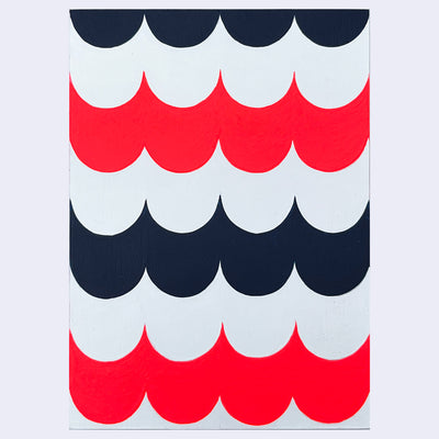 Painting of several layers of scalloping pattern in navy blue, white and red.