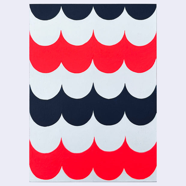 Painting of several layers of scalloping pattern in navy blue, white and red.