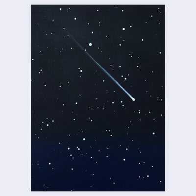 Painting of a starry night sky with a comet trail