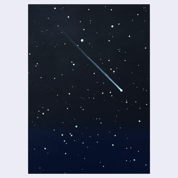 Painting of a starry night sky with a comet trail