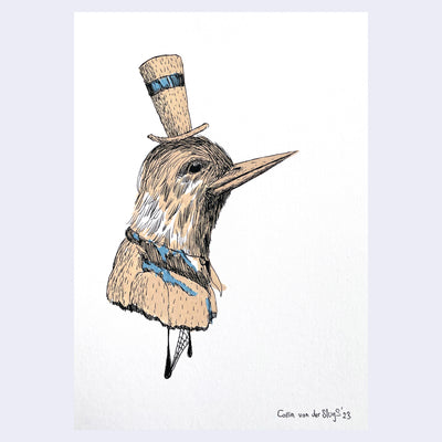 Sketch of a bird wearing a top hat and faced off to the side.