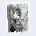 Watercolor and ink sketch of a cat with a large head, a skeleton creature wearing a bowler hat and a small mouse creature. Background is gray watercolor.