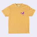 Yellow t-shirt with a purple graphic of 2 crows on a light gray background