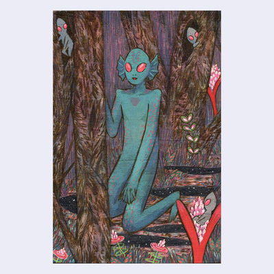 Purple earthy tone painted wood panel, featuring a teal alien with ears akin to sea monsters. It sits on its knees in a forest, with little aliens within the trees.
