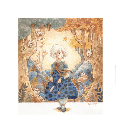 Illustration of a girl in a blue dress standing in a forest with trees and animals behind her in orange and blue tones.