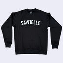 Black sweatshirt with 'SAWTELLE' printed on it against a light gray background
