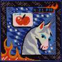 Cross-stitched unicorn with a clock and apple in the background