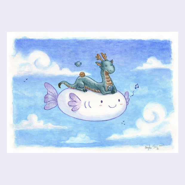 Watercolor painting of a small, cute dragon, cuddling some round birds while laying on top of a big oval flying fish with a cute smile. The fish also seems to be humming because there are musical notes.