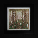 Watercolor and ink illustration of a forest scene, with many tall trees and spiky, frayed branches. Many small white faceless characters meander around them and a shadowy black silhouette stands far away looking in.
