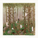 Watercolor and ink illustration of a forest scene, with many tall trees and spiky, frayed branches. Many small white faceless characters meander around them and a shadowy black silhouette stands far away looking in.