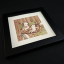 Cartoon style watercolor painting of several simplistic, white characters lounging around a forest setting with headphones on. 2 of them sit on a log in the center of the scene and drink cups of tea. Framed in thick black frame.