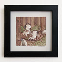 Cartoon style watercolor painting of several simplistic, white characters lounging around a forest setting with headphones on. 2 of them sit on a log in the center of the scene and drink cups of tea. 