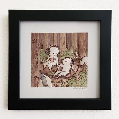 Cartoon style watercolor painting of several simplistic, white characters lounging around a forest setting with headphones on. 2 of them sit on a log in the center of the scene and drink cups of tea. 