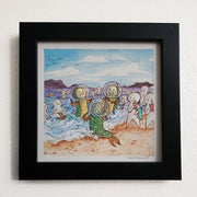 Watercolor painting of a beach scene with fish people wearing space helmets and emerging from the water. Surprised beach patrons look on.