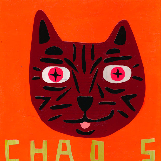 Painting on bright orange background of a simple cat head, red with black stripes and star shaped pupils. It has its tongue out and written below reads "Chaos"