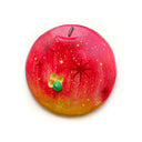 Flat backed sculpture of a red apple with small bite holes and a tiny green worm poking its head out.