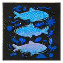 Three blue fish illustrations on a black background with blue accents