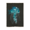 A vertical illustration of a glowing blue and white jellyfish with stars inside, set against a dark black background with a visible textured paper edge.
