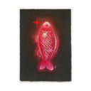 An illustration featuring a stylized glowing red fish with a red star above it, shown against a plain white background.