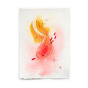 A watercolor painting of a stylized red and yellow koi fish swimming on a textured white paper background with soft pink and yellow washes.