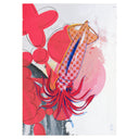 Loosely rendered illustration of a squid with checkered patterning and abstract flowers behind it.