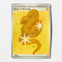 Painted over trading card with art of a coiled yellow snake and white starbursts, photographed against a plain light background.
